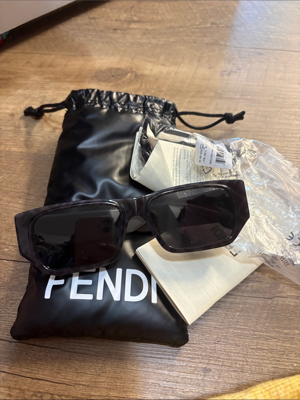 Fendi Black Rectangular Sunglasses with Dark Lenses